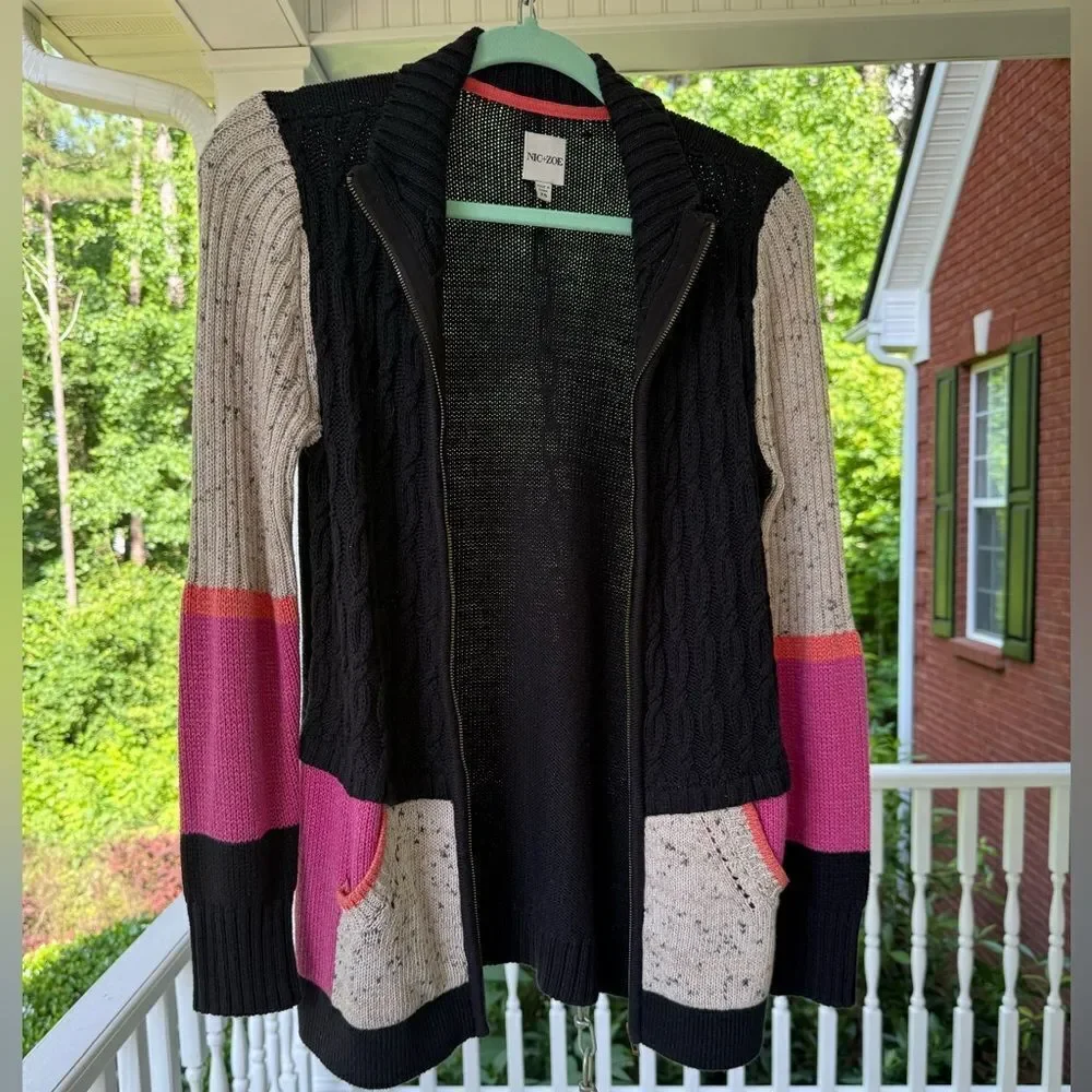 Nic & Zoe Fireside Zip Up Cardigan. Navy, Pink & Cream. Size XS. Great Condition